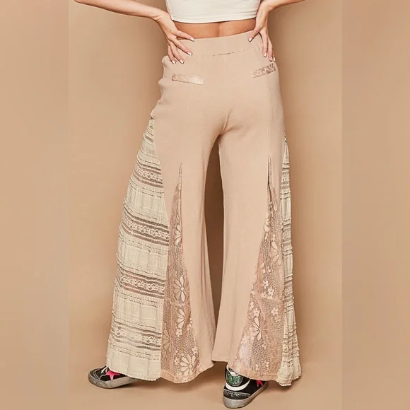 339. POL LAST 1! Wide Leg Pant & Lace Dress Top Tan Pull On Drawstring 2 Piece - Picture 6 of 6